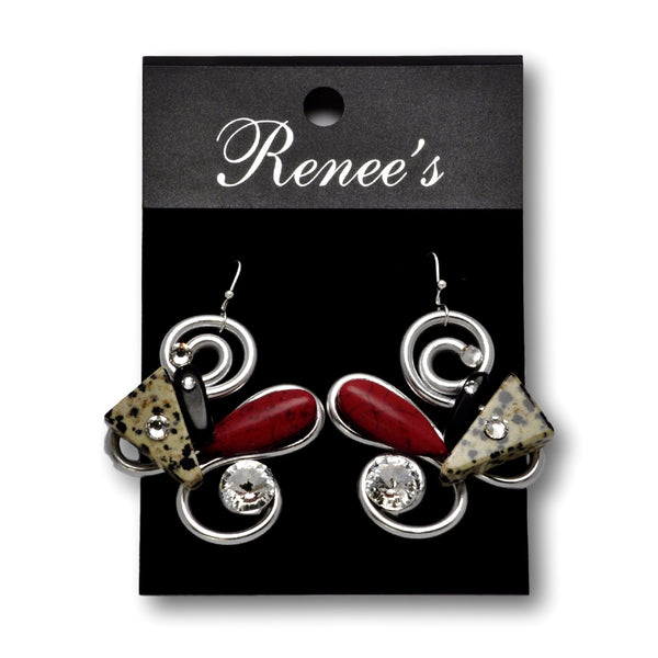 Dalmation/Red Stone/Black Stone/Crystal Wire Earrings