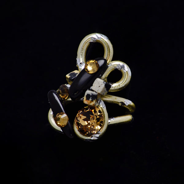 Dalmation Jasper/Black Stone/Crystal Gold Diamond-Cut Wire Ring