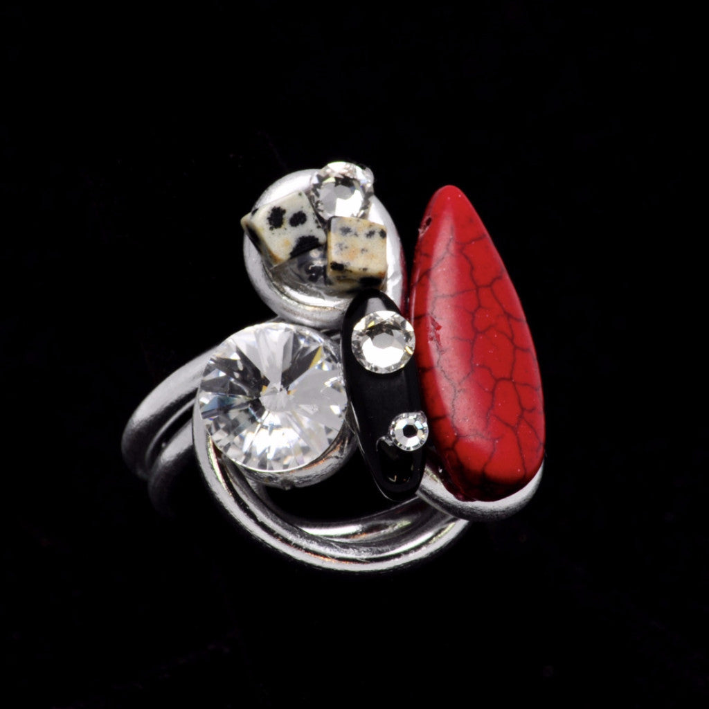 Dalmation/Red Stone/Black Stone/Crystal Wire Ring
