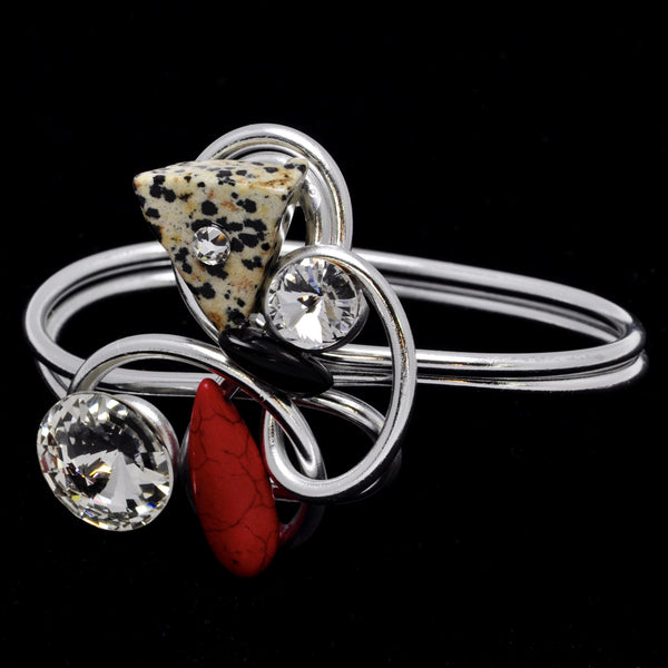 Dalmation/Red Stone/Black Stone/Crystal Wire Bracelet