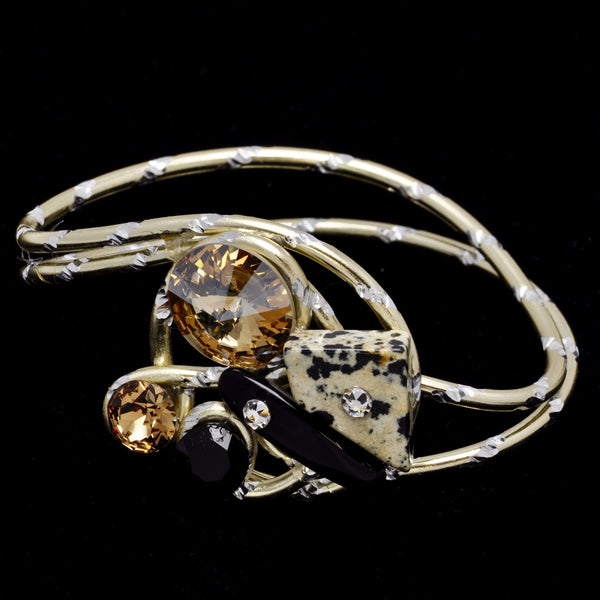 Dalmation Jasper/Black Stone/Crystal Gold Diamond-Cut Wire Bracelet